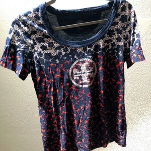 Tory Burch Orange and Navy Floral Logo Top